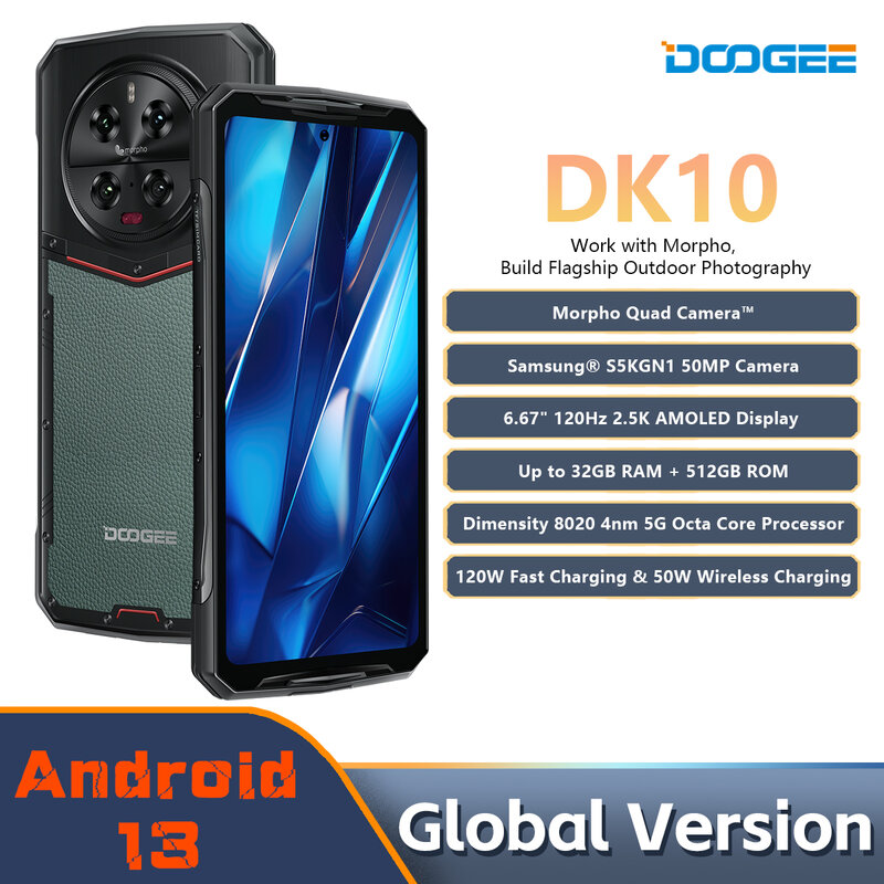 DOOGEE DK 10 5G Wytrzymały telefon Wymiary 8020 Morpho Quad Kamera 50 MP 6,67" 120 Hz 2,5 K AMOLED 120 W 32 GB + 512 GB