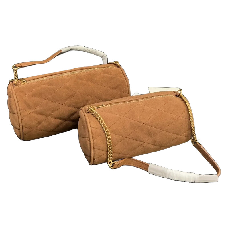 Brown chamois leather cylinder bag can be worn on one shoulder or cross body