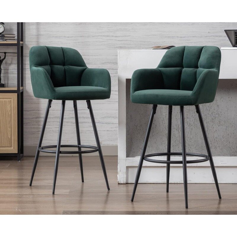 Modern Swivel Bar Stools Set of 2 Leather Counter Height Barstools with Back and Arms Adjustable Bar Stool Chairs with Metal