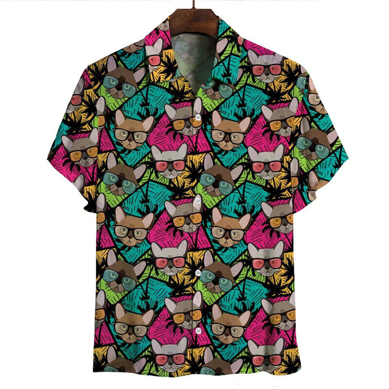 Koszule Retro Cat Tropic Aloha dla mężczyzn 3D z nadrukiem zwierzęcym Streetwear z krótkim rękawem bluzka z guzikami ponadgabarytowa klapa koszula hawajska