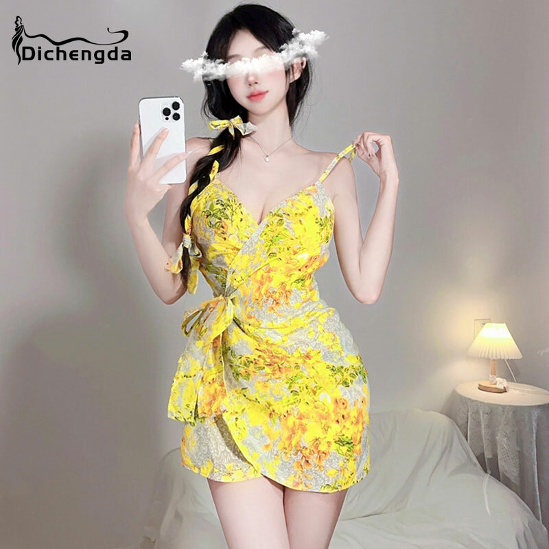 Dichengda 섹시한 란제리 슬링 드레스, 일본 카와이 얼룩 노란색 인쇄 기모노, 여성 백리스 잠옷 세트, 로브 잠옷 2023