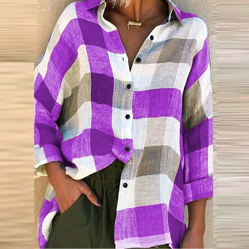Camisa de gola virada para baixo de manga comprida feminina, linho algodão, blusas de botão, solta, checada, estampada, casual, elegante