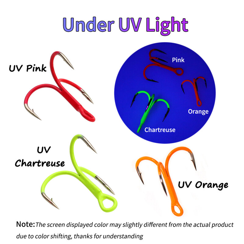Linoriver-Round Bent Inline Treble Hooks, isca, gancho triplo, luminoso, verde, UV, rosa, laranja, 5pcs, 14 #, 3/0