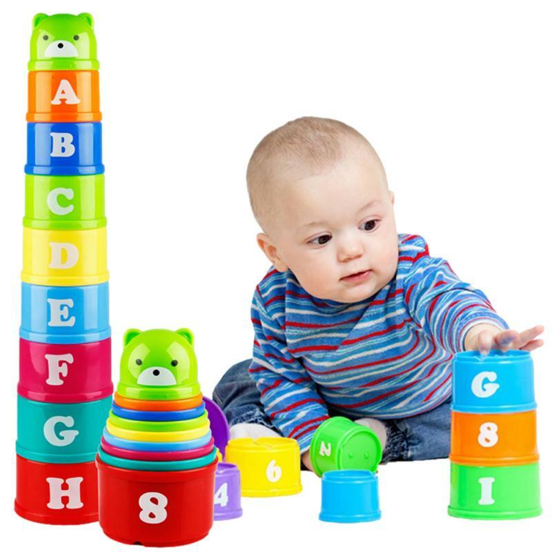子供のための積み重ね可能なカップのおもちゃ、早期教育、フィギュア、文字、折りたたみタワー、赤ちゃんインテリジェンストレーニング、おもちゃのギフト、9個、セット