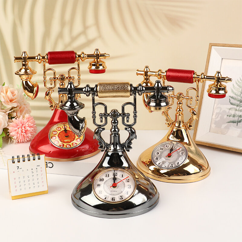 1pc Retro sveglia modello telefonico orologio creativo ornamento da tavolo per la decorazione del comodino della stanza di casa