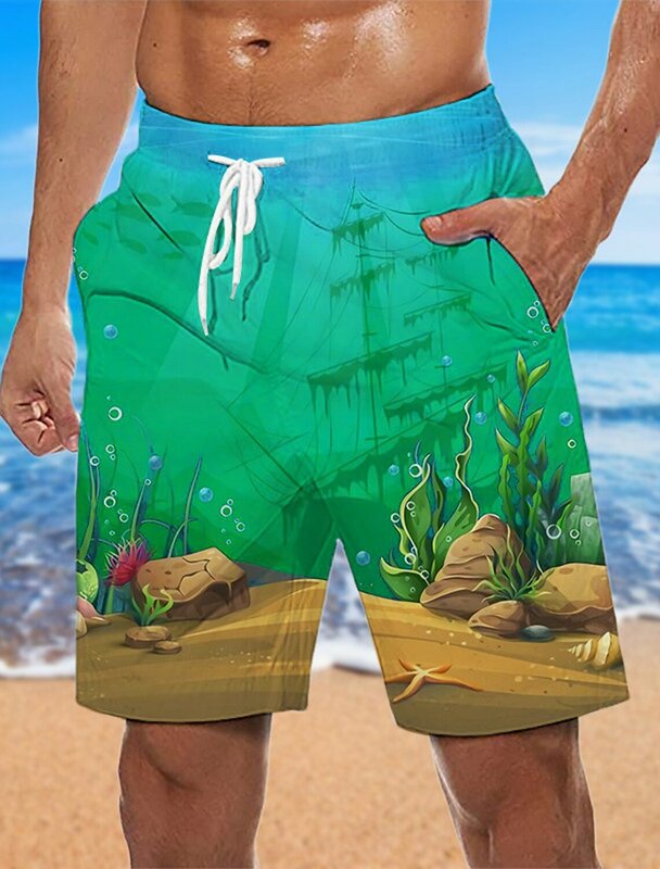 Мужские пляжные шорты, дышащие быстросохнущие трусы для плавания, пляжные шорты с графическим принтом, лето