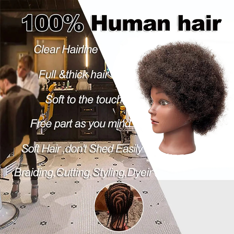 Afro Mannequin Head 100% Real Hair Traininghead Styling Head Braid Hair Dolls Head for Practicing Cornrows and Braids 6inches
