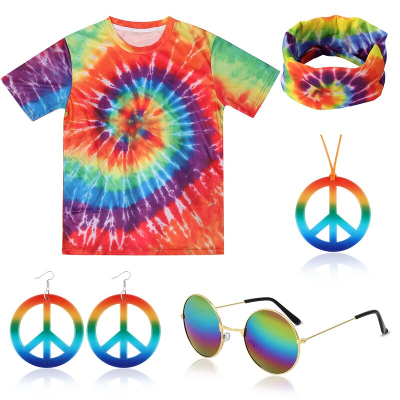 70s kostum Hippie Pria Pakaian kaus cetak ikat celup warna-warni Set dengan ikat kepala kacamata tanda perdamaian kalung kaus warna-warni