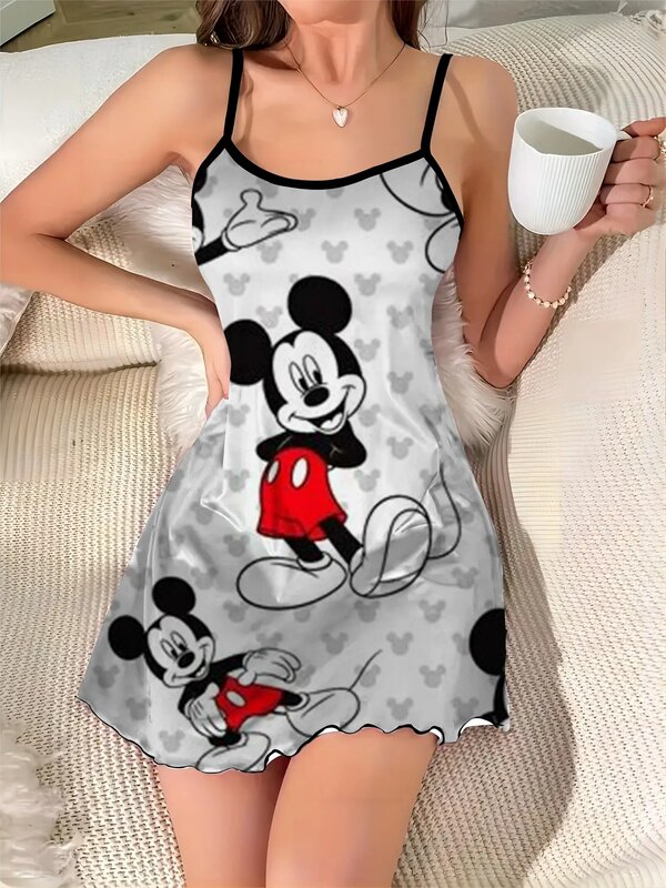 Disney-vestido Sexy de Mickey Mouse para mujer, falda de pijama de satén con ribete de lechuga, cuello redondo, elegante y Chic, 2024