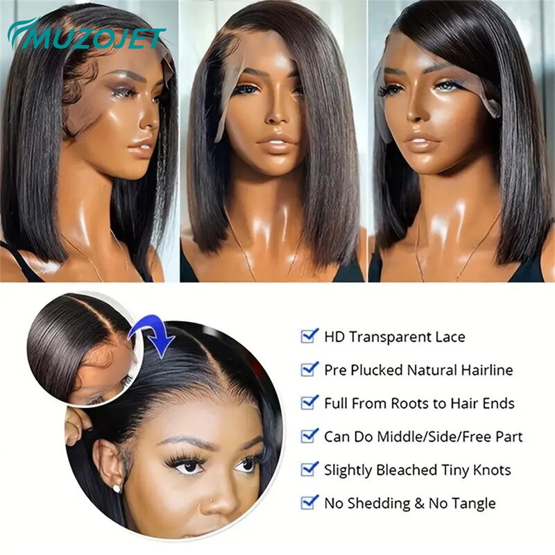 Peluca de cabello humano liso con encaje Frontal 13x4 para mujeres negras, pelo corto Bob, Remy, HD, transparente, a la venta