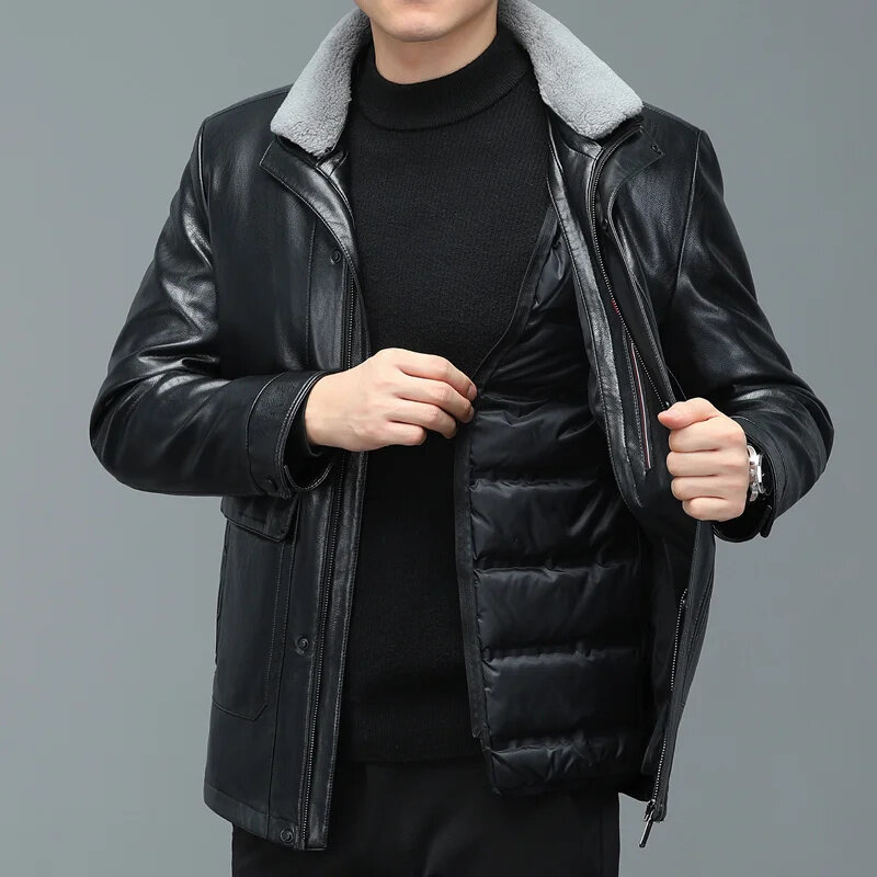 Chaqueta de plumón con cuello de solapa para hombre, abrigo grueso integrado de piel auténtica, ZDT-8038, Invierno