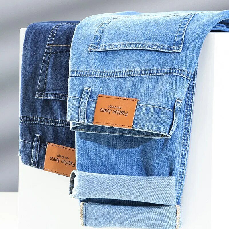 2022 Business Casual Stretch spodnie dżinsowe męskie niebieskie czystej bawełny 100% dżinsy z prostymi nogawkami męskie marki Plus rozmiar 40 42