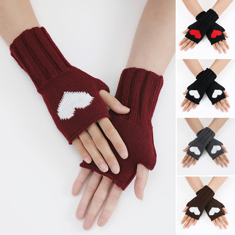 Embroidered Heart Half-finger Glove Winter Wool Knitted Arm Warmer Y2k Japanese Crochet Knitting Mittens Print Fingerless Mitten