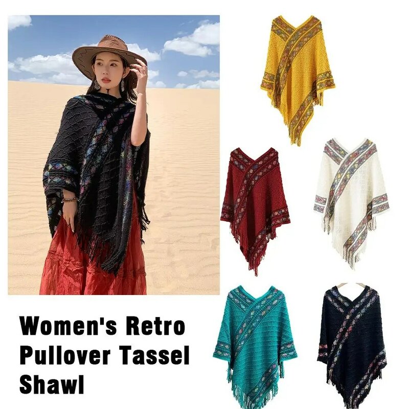 Women's Retro Pullover Tassel Shawl Retro Ethnic Style Tassel Coat Wear Cape Knitted Cape Yunnan Pullover Shawl Outwear Tou F9W5