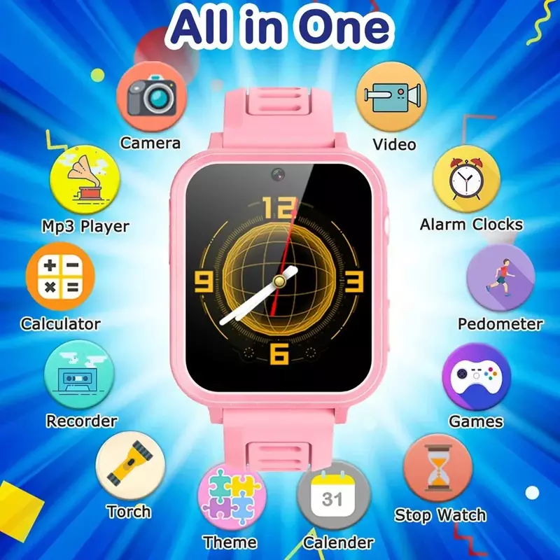 Smart Watch com 24 jogos para crianças, música, pedômetro, rastreador de fitness, time display, gravação de áudio e vídeo