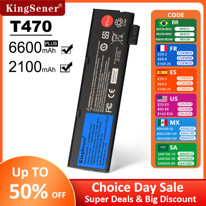 KingSener 10.8V 6600mAh bateria do portátil para Lenovo ThinkPad T470 T480 T570 T580 P51S P52S 01AV427 01AV428 01AV423 SB10K97580 61 ++