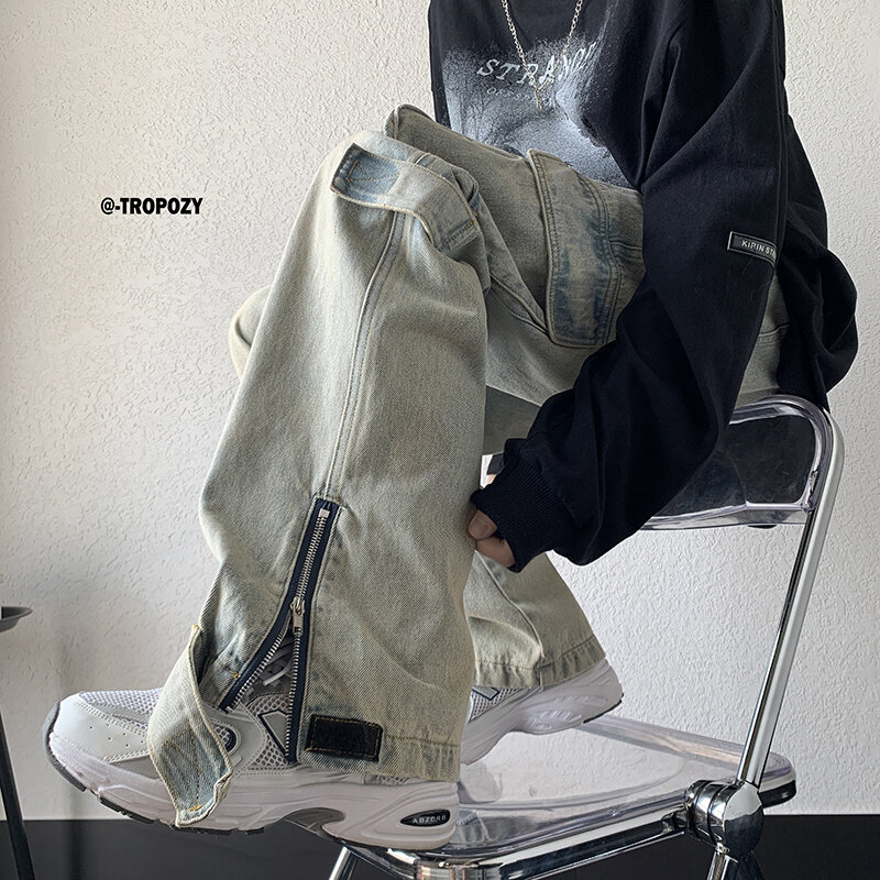 Hiphop Jeans Hosen Weibliche Design Cargo Hosen Vibe Stil Jeans Amerikanischen Oversize Gerade Hohe Taille Breite Bein Zipper Overalls
