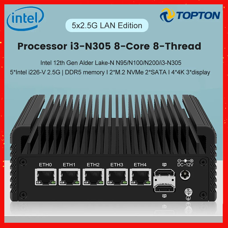 Firewall urządzenie 5xi226-V 2.5G Router 12th Gen Intel i3 N305 N200 N100 DDR5 2 * NVMe 2 * SATA3.0 Mini komputer ESXi Proxmox Host Mini