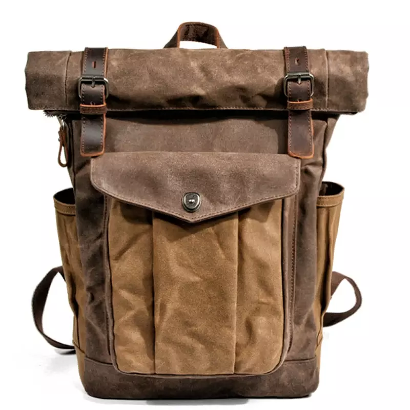 MUCHUAN Vintage Vintage กระเป๋าเป้สะพายหลังผ้าใบสำหรับผู้ชายน้ำมันแว็กซ์ผ้าใบหนังกระเป๋าเป้สะพายหลังกันน้ำขนาดใหญ่ Daypacks Retro Bagpack