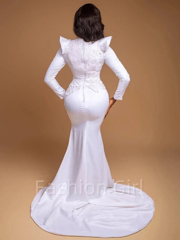 فساتين ساتان بيضاء نقية رائعة ، فستان حورية البحر من الدانتيل بطيات ، أكمام طويلة ، زين ، مقاس كبير ، حفلة رسمية ، مناسبة ،