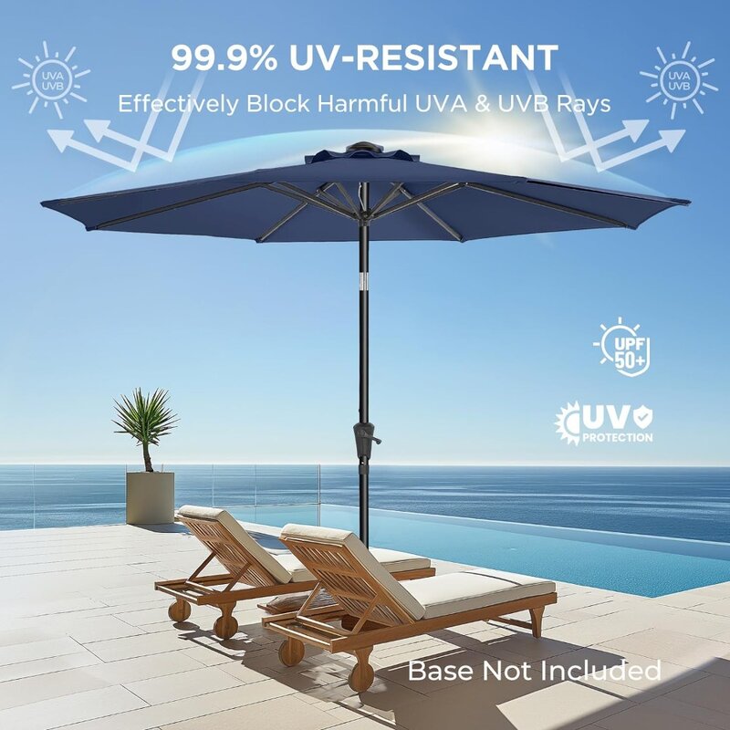 Paraguas de Patio al aire libre, sombrilla de cubierta de piscina, mesa de mercado, protección UV UPF50 + con botón de inclinación, manivela y 8 costillas resistentes, 9 pies
