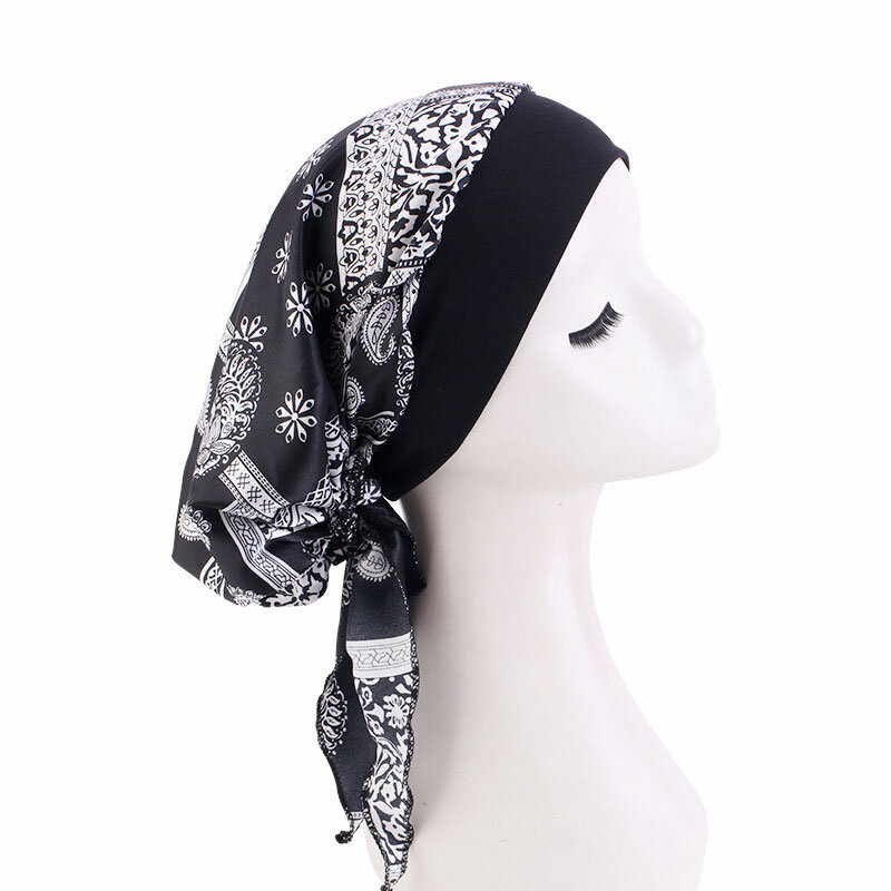 Женский атласный платок с принтом, эластичный мусульманский тюрбан, шапка для сна, уход за волосами, повязка на голову, головной убор, бандана