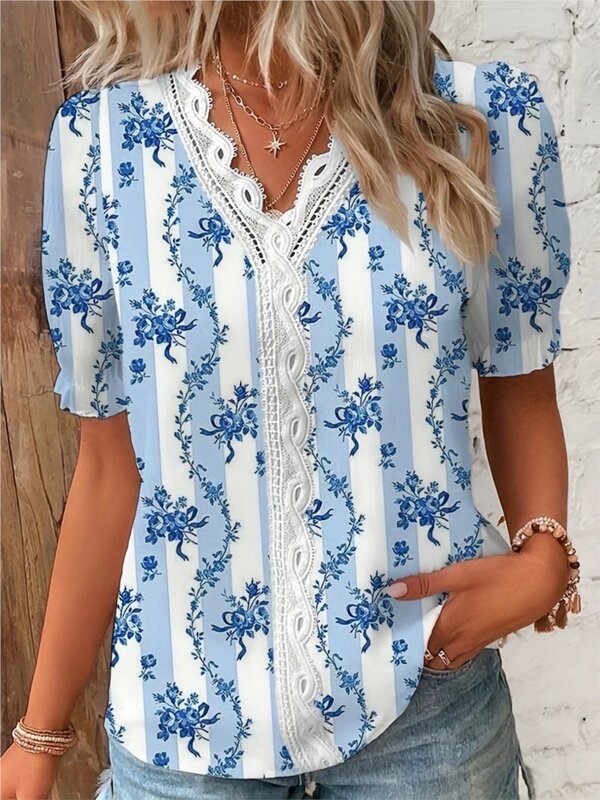 Women's Shirts Summer Fashion Elegant Short Sleeve Print Office Lady Top White Women Ruffled Hollow Out Blouse Female Clothing