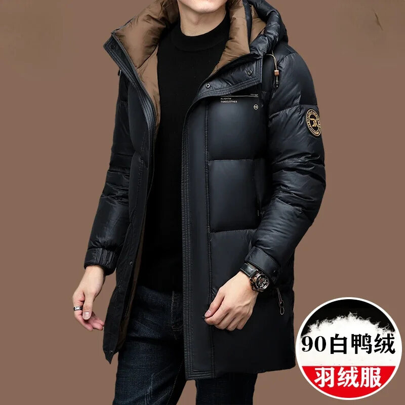 メンズミドル丈フード付きジャケット、90% ホワイトダックダウン、厚手、暖かい、高品質、冬