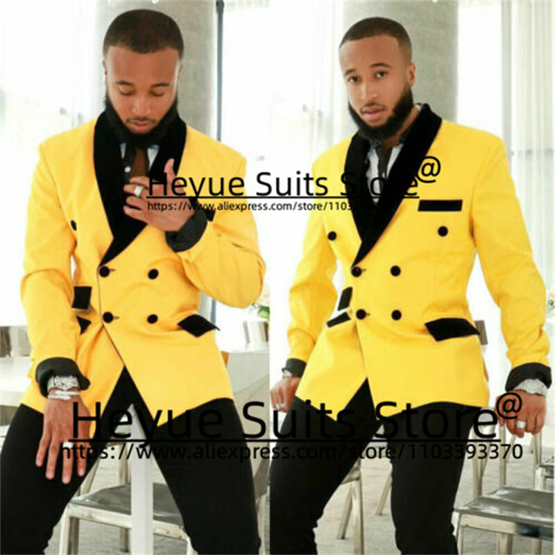 Fashion Yellow Formal Men Suits Slim Fit Double-breasted Groom Wedding Tuxedos 2 Pieces Sets Business Male Blazer Costume Homme
