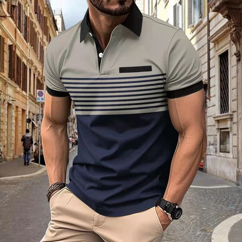Camisa polo antirrugas masculina com gola listrada, cor de contraste, manga curta, casual moda esportiva S, verão, nova, venda quente