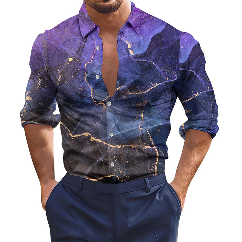 Men Shirt Comfortable For All Seasons Lapel Collared Muscle Party T Dress Up Polyester Printed Regular Shirt 1pc