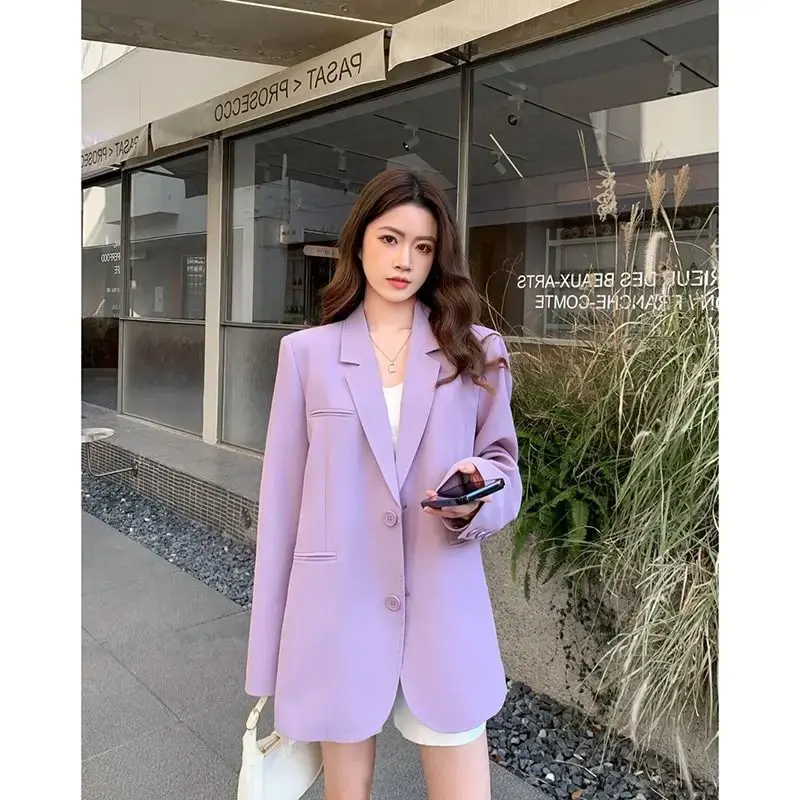 Jaket Blazer wanita, setelan jas ungu wanita leher tinggi desain musim gugur/musim dingin 2024 gaya Korea baru longgar jangkauan lebar