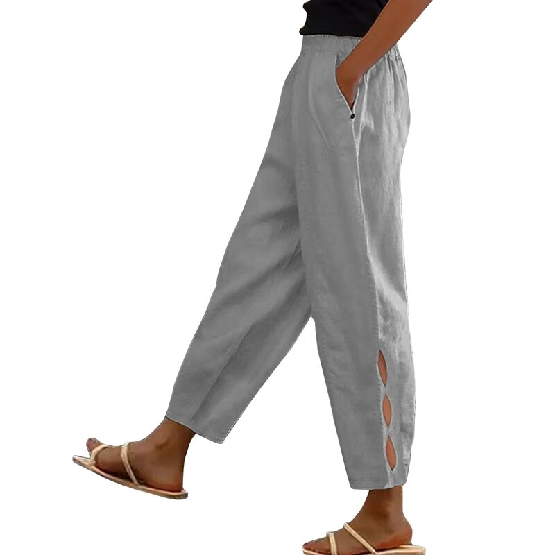 กางเกงฝ้ายลินินแฟชั่นสำหรับผู้หญิงกางเกงเอวสูงลำลองกางเกงวินเทจกางเกงขายาวขากว้างมีกระเป๋า