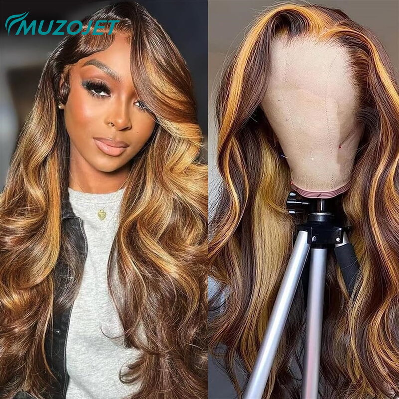 13x4 Highlight HD Lace Frontal Wigs Human Hair Honey Blonde Colored Body Wave Lace Front Wigs For Black Women Pre Plucked Precut