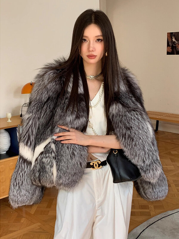 Luxury Genuine Leather Silver Fox Fur Jacket for Women 2024 New High-end Contrast Design Short Winter Fluffy Real Fur Coats