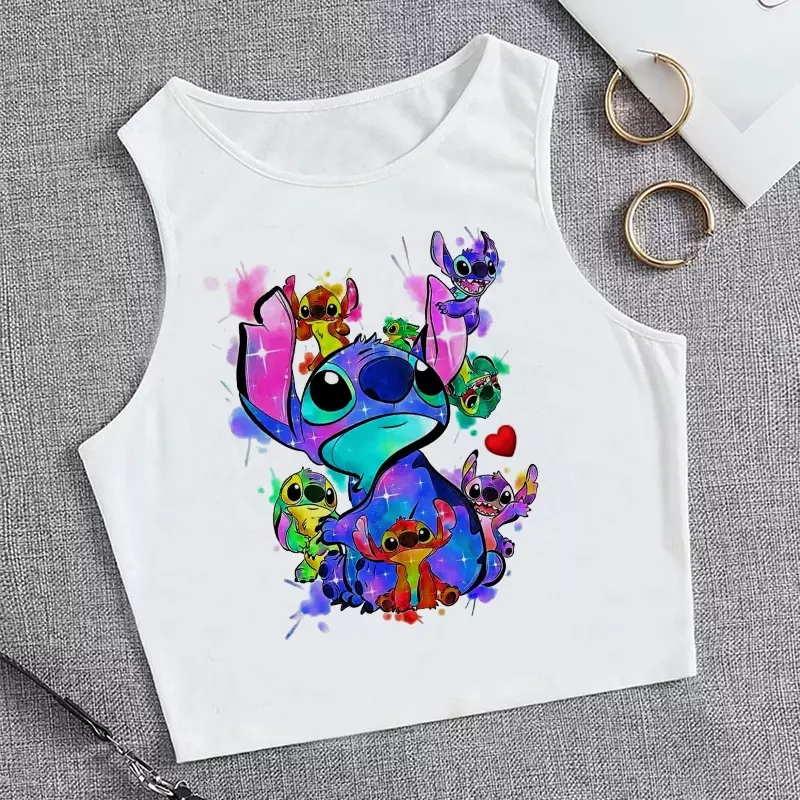 Disney-Camisola de alças feminina Lilo e Stitch, camiseta engraçada dos desenhos animados, camiseta kawaii, top cropped, streetwear feminino