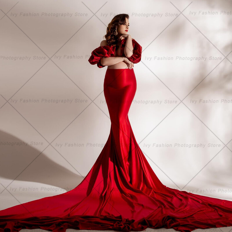 Maternity Photoshoot Outfit For Women Sexy Red Satin Lace Up Skirt Bubble Sleeves Accessories Photography Studio Props