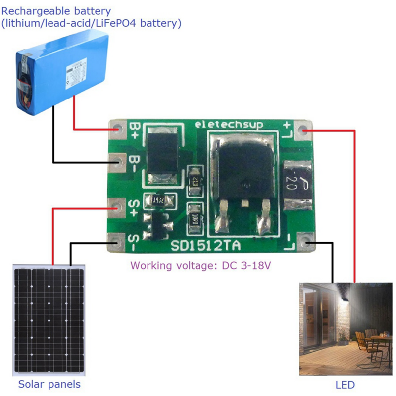 Controlador Solar Carregamento Street Light Switch Circuit Board, Bateria De Lítio, 2A, SD1512TA, 10Pcs