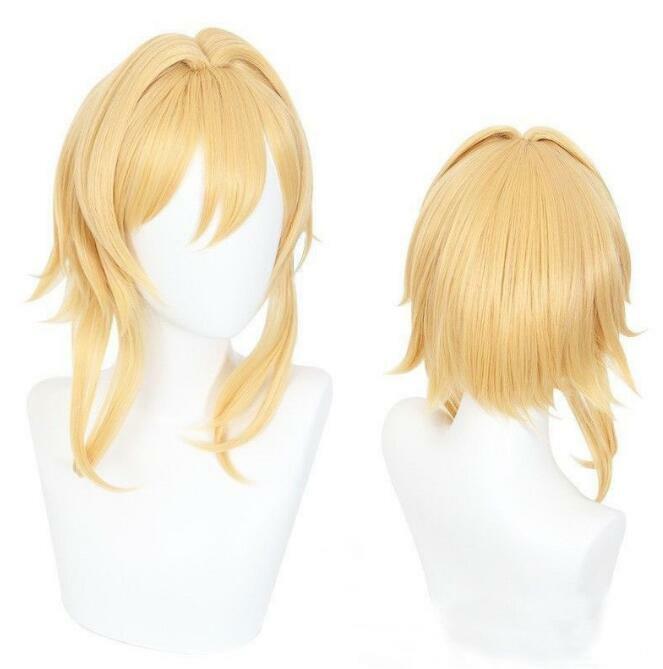 Genshin Impact Lumine Wig Synthetic Short Straight Blonde Yellow Game Cosplay Hair Heat Resistant Wig for Party