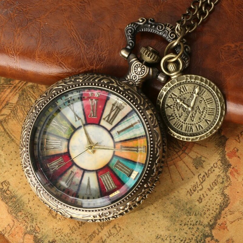 Reloj de bolsillo de doble pantalla de bronce antiguo, carcasa de cuarzo, esfera Fob, sin cubierta, colgante, cadena, collar, regalo de recuerdo