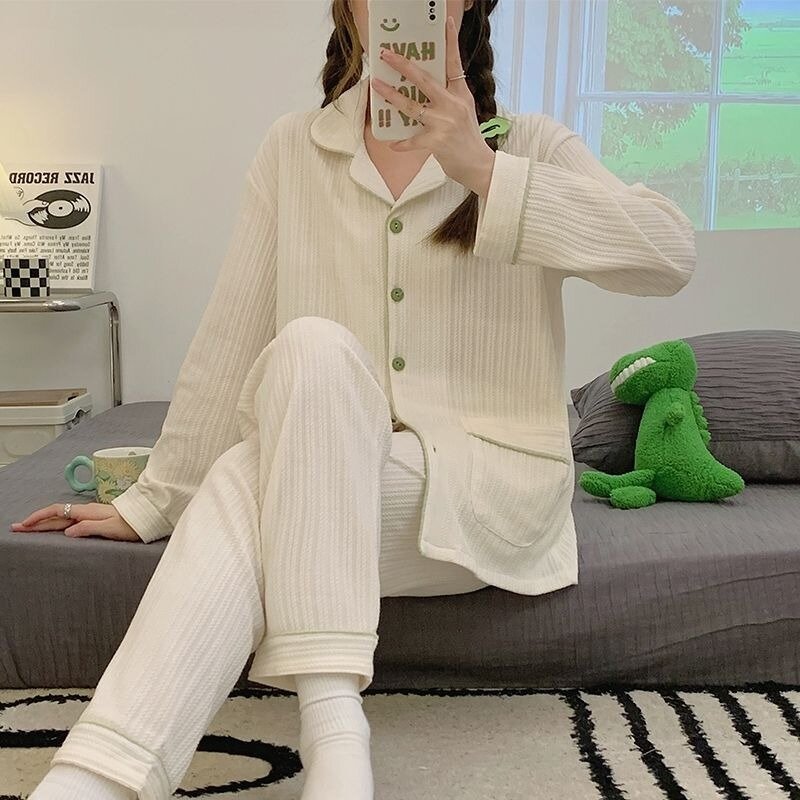 Pijama de algodão puro feminino, roupa de manga comprida, conjunto Homewear solto, cardigã doce, loungewear com decote em v, novo, 2024