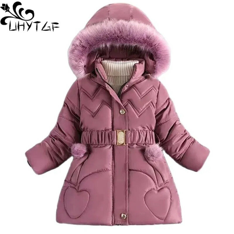 Jaket bertudung hangat anak-anak, pakaian luar putri kerah bulu tebal musim dingin 3 4 5 6 8 10 tahun 2794