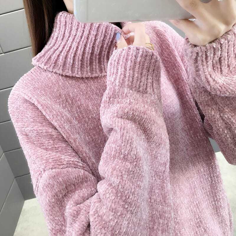 Chenille sweter z golfem dla kobiet jesienno-zimowy koreański styl jednolity kolor gruby sweter sweter luźny leniwy styl sweter