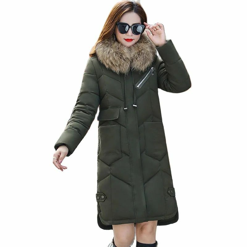 Mantel longgar bertudung modis musim dingin 2023 mantel feminin panjang ramping hangat kerah bulu besar putih bebek bawah mantel feminin.