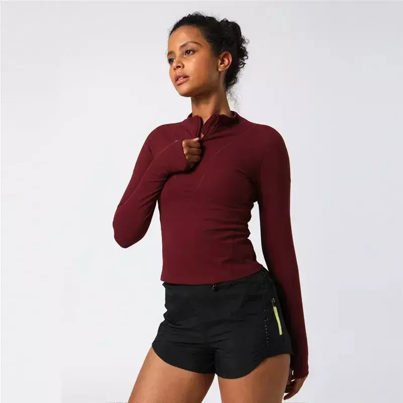 Lemon Women Fitness Long Sleeve Shirt Sports Top Slim Running Front Zip Yoga Shirt Thumb Hole Athletic Tights Running Gym Clothe