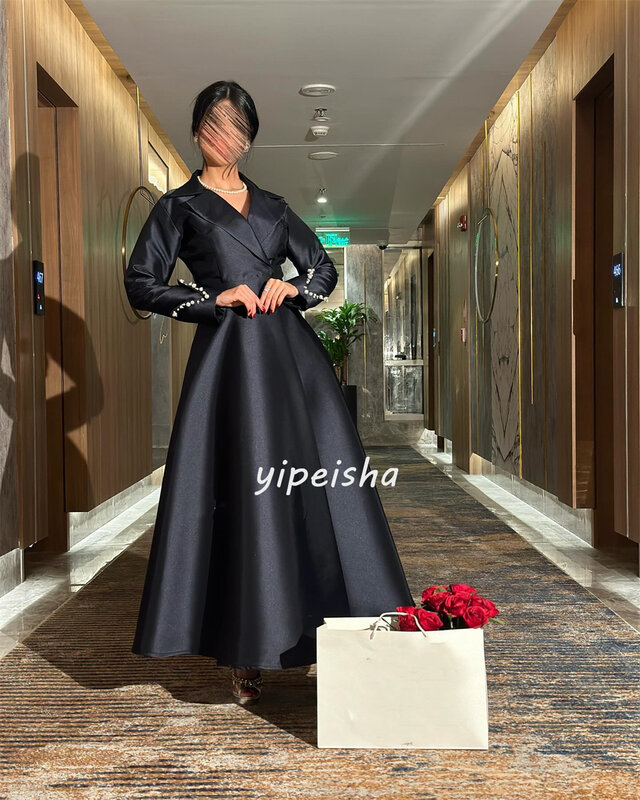 Elegant Modern Style Satin Pearl Rhinestone Pleat A-line V-neck Midi Dresses Celebrity Dresses Sizes Available Pastrol Retro