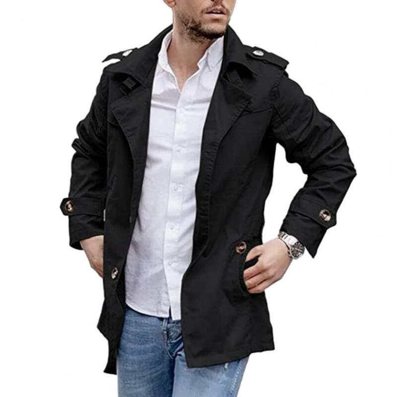 Men Trench Coat Stylish Men's Mid-length Trench Coats Loose Fit Windproof Design Casual Streetwear for Fall Spring Seasons