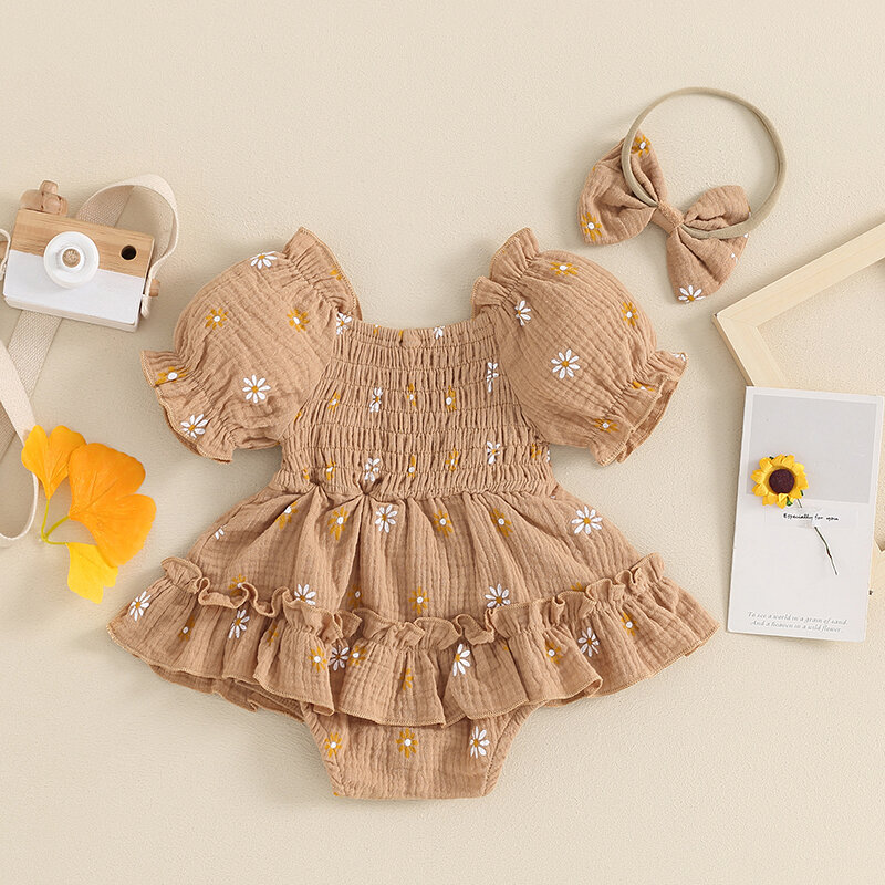 Lioraitiin baju monyet bayi perempuan, Jumpsuit lengan pendek motif Daisy dengan Set bandana lucu pakaian musim panas 0-18 bulan