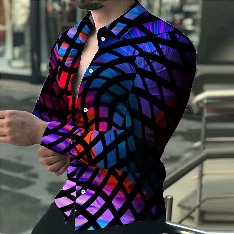Fashion Lapel Shirt Men Cross Color Stripes Purple Blue Casual Sports Party Comfortable Quality Material Spring Summer New