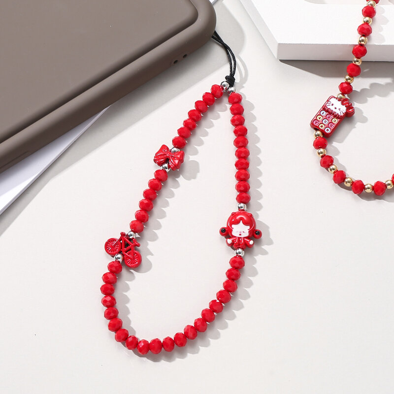 Fashion Acrylic Beaded Mobile Phone Chain Lanyard Red Strawberry Bow Cellphone Hanging Cord Jewelry Anti-Lost Women Phone Strap
